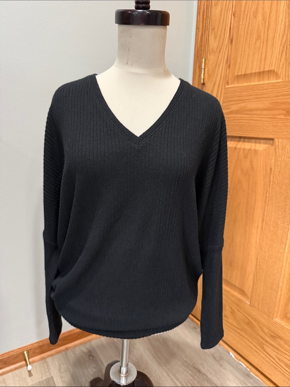 White House Black Market Black Ribbed V-Neck Sweater